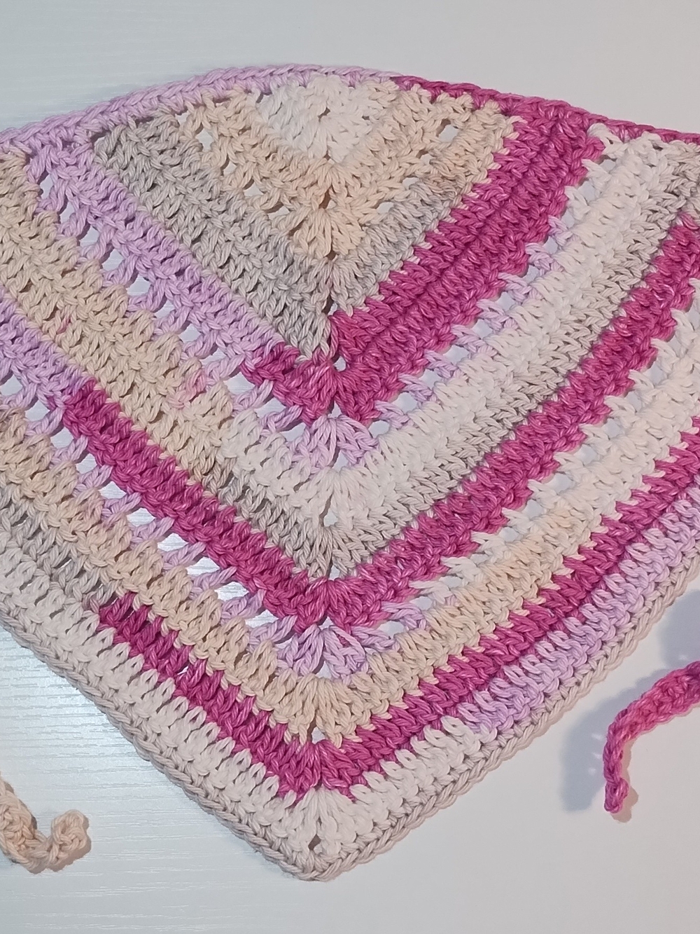 Striped Crochet Triangle Bandana in Pink and Cream
